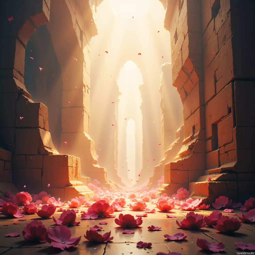 A sunlit, ancient ruin adorned with scattered pink flowers.