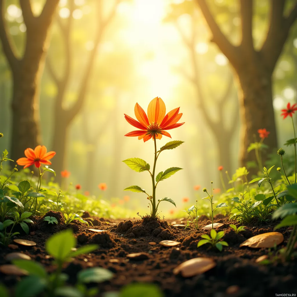 A vibrant orange flower blooms in a sunlit forest clearing.