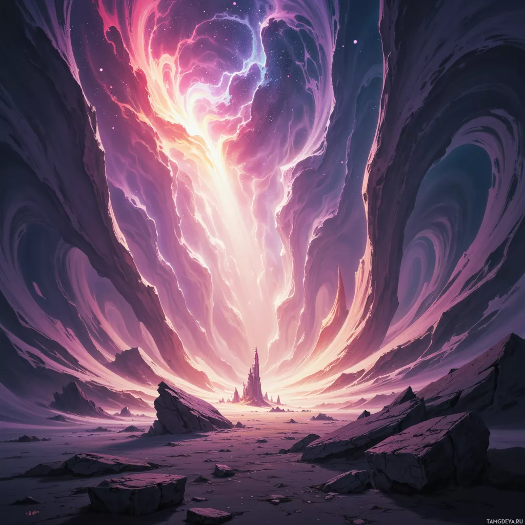 A fantastical landscape featuring a glowing, ethereal sky and jagged rock formations.