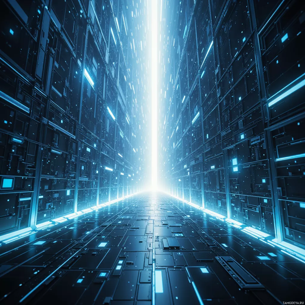 A futuristic, illuminated corridor with glowing blue lights and intricate designs.