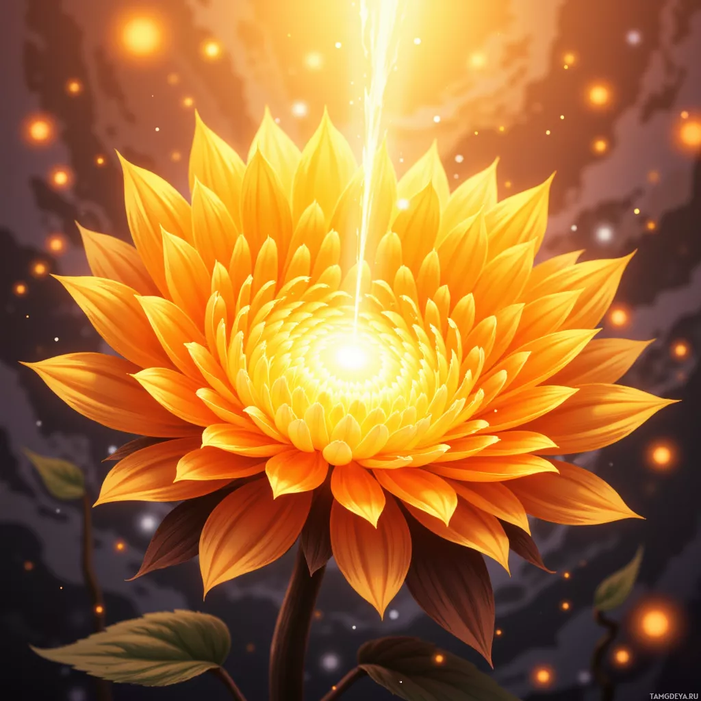 A radiant yellow flower with a glowing center and sparkling background.