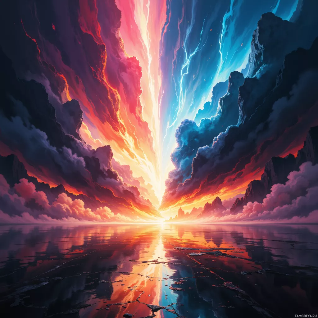 A dramatic sky with vibrant red and blue hues reflected in a calm body of water.