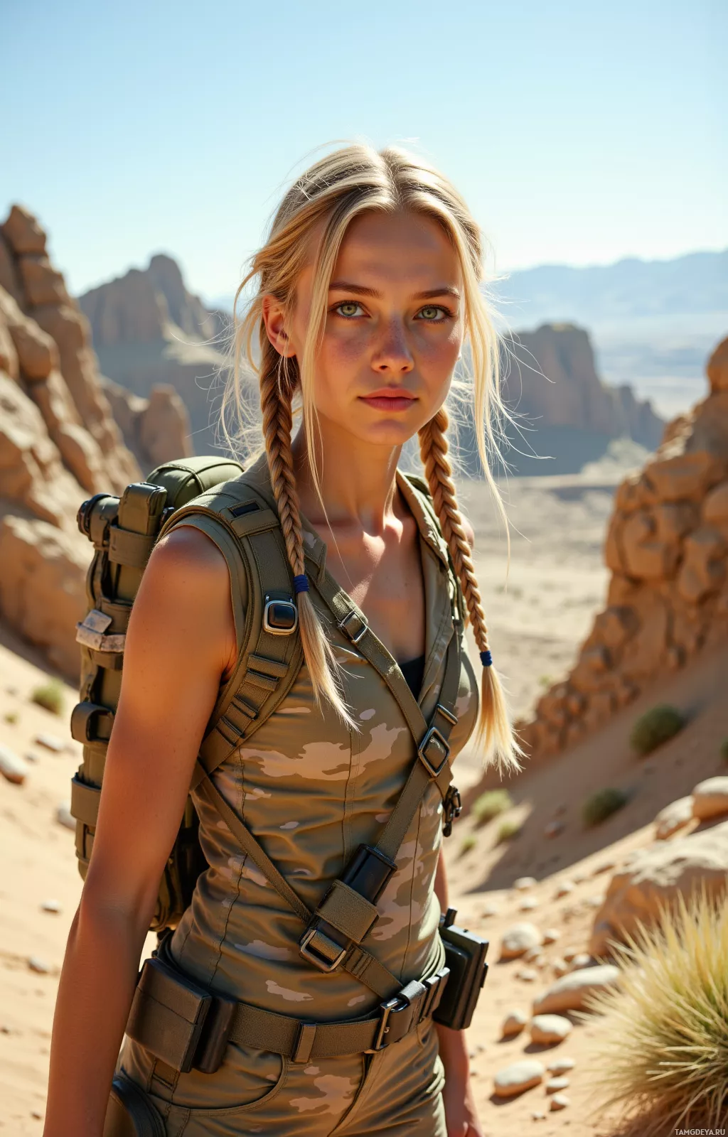 A person in a desert setting wearing a tactical outfit and carrying a backpack.