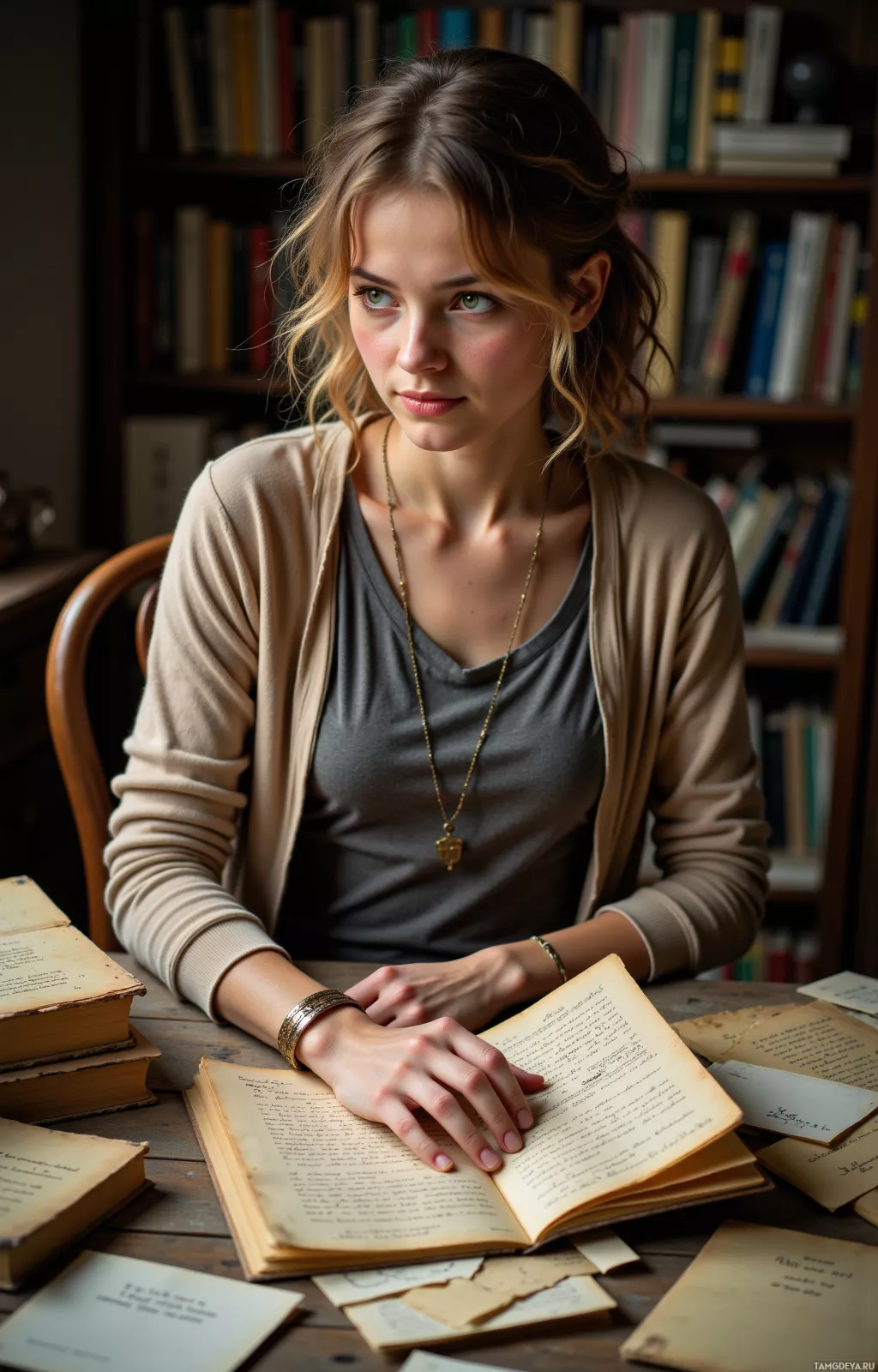 A woman sits at a desk surrounded by books, appearing thoughtful.
