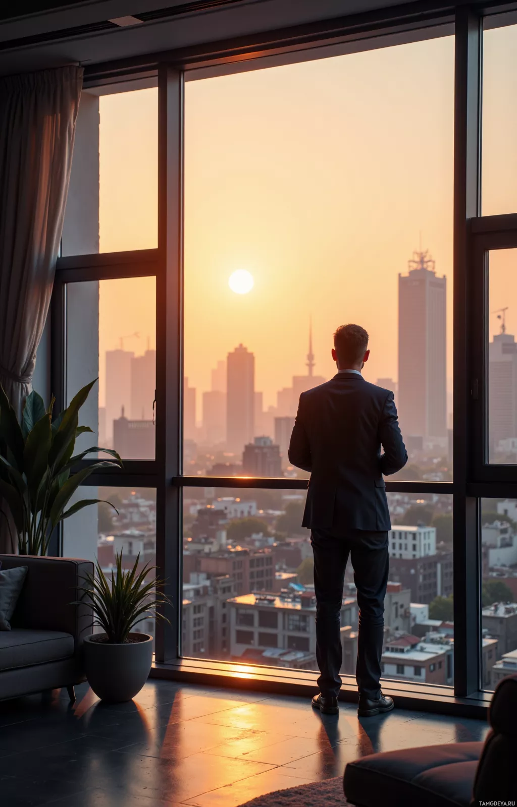 A man in a suit stands by a large window, gazing at a cityscape during sunset.
