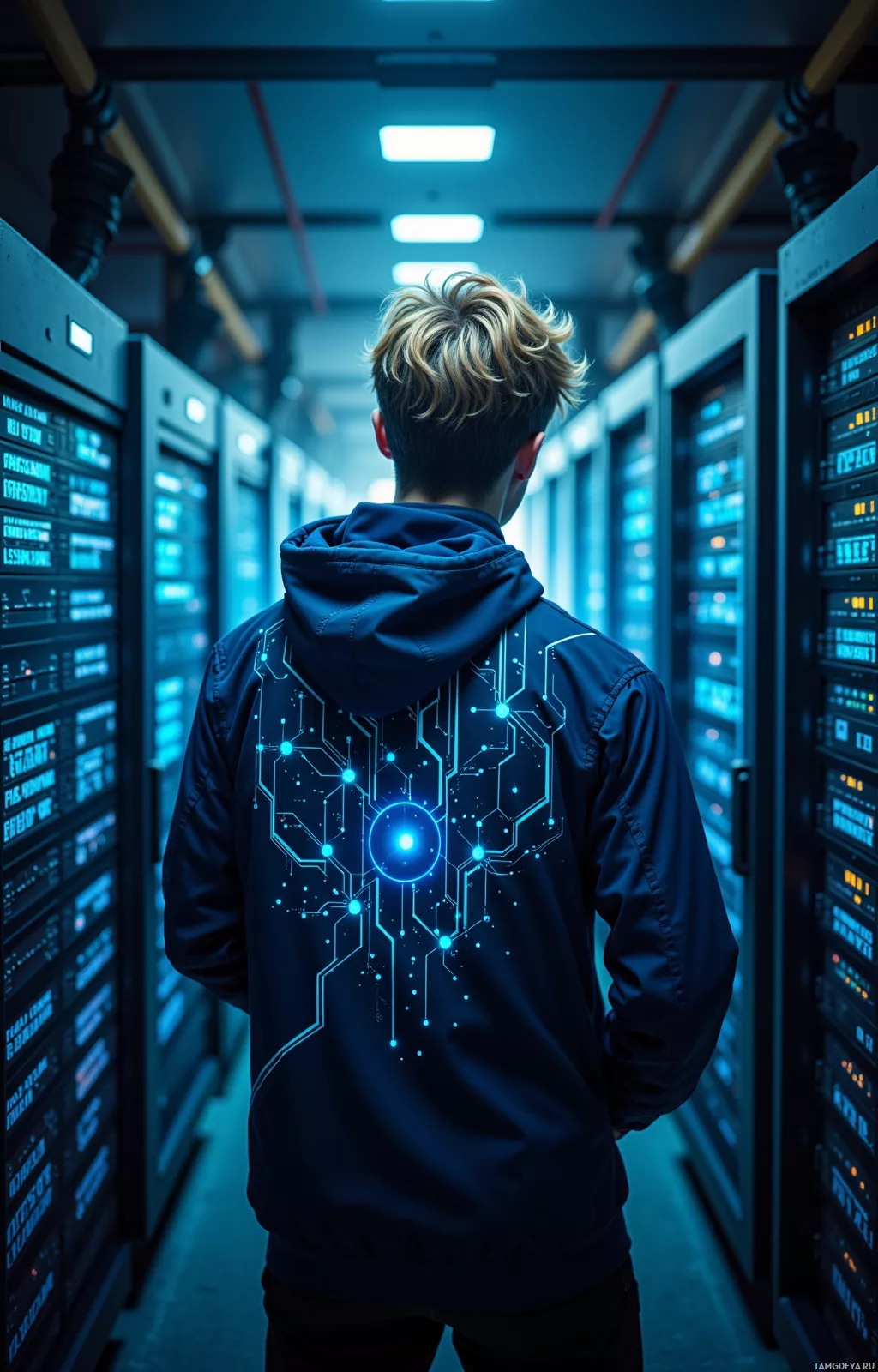 A person in a hoodie with a circuit board design stands in a server room.