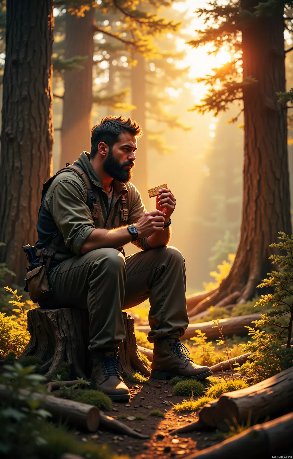A man sits on a tree stump in a forest, enjoying a snack at sunset.