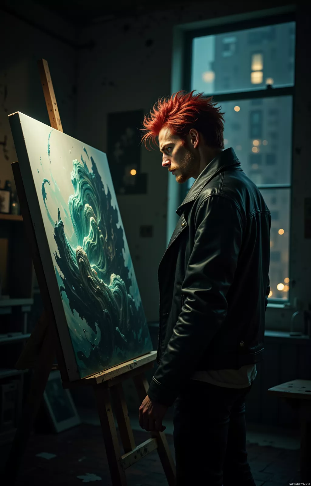 A man with red hair stands in a dimly lit studio, observing a painting of swirling waves on an easel.