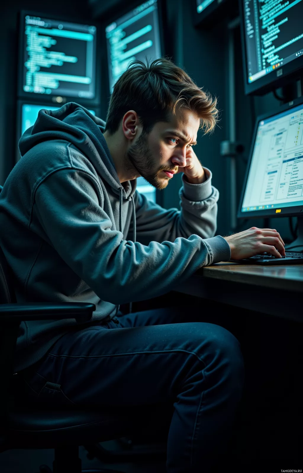 A person in a hoodie is working at a desk with multiple computer monitors.
