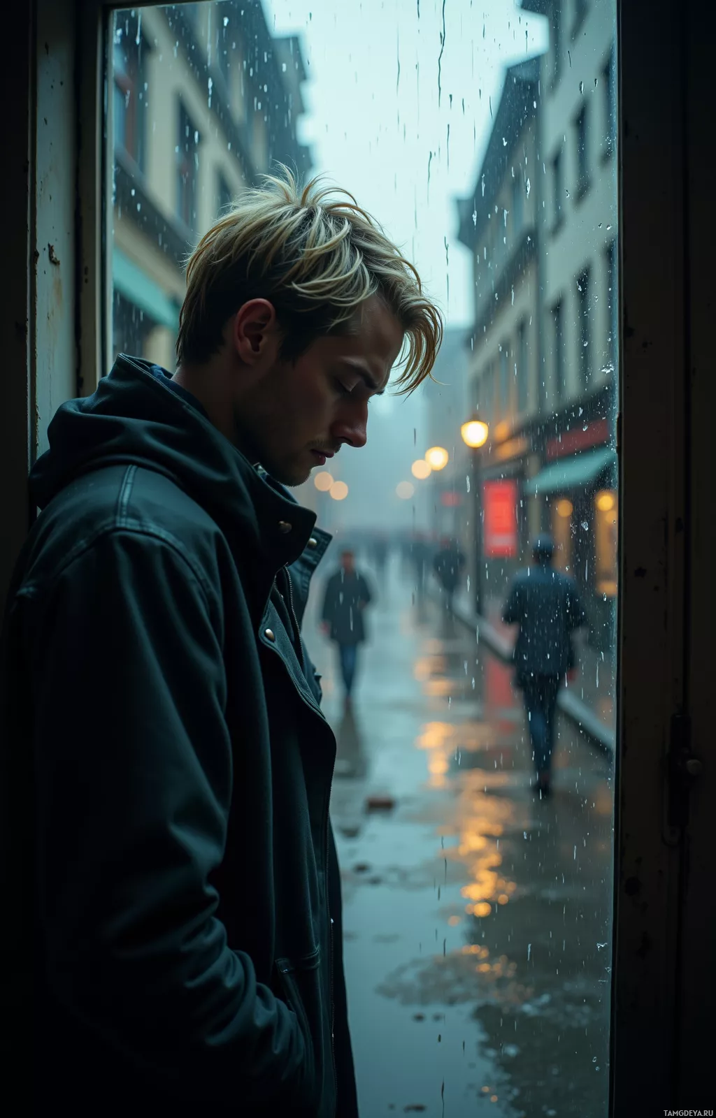 A person stands by a window, gazing out at a rainy street scene.