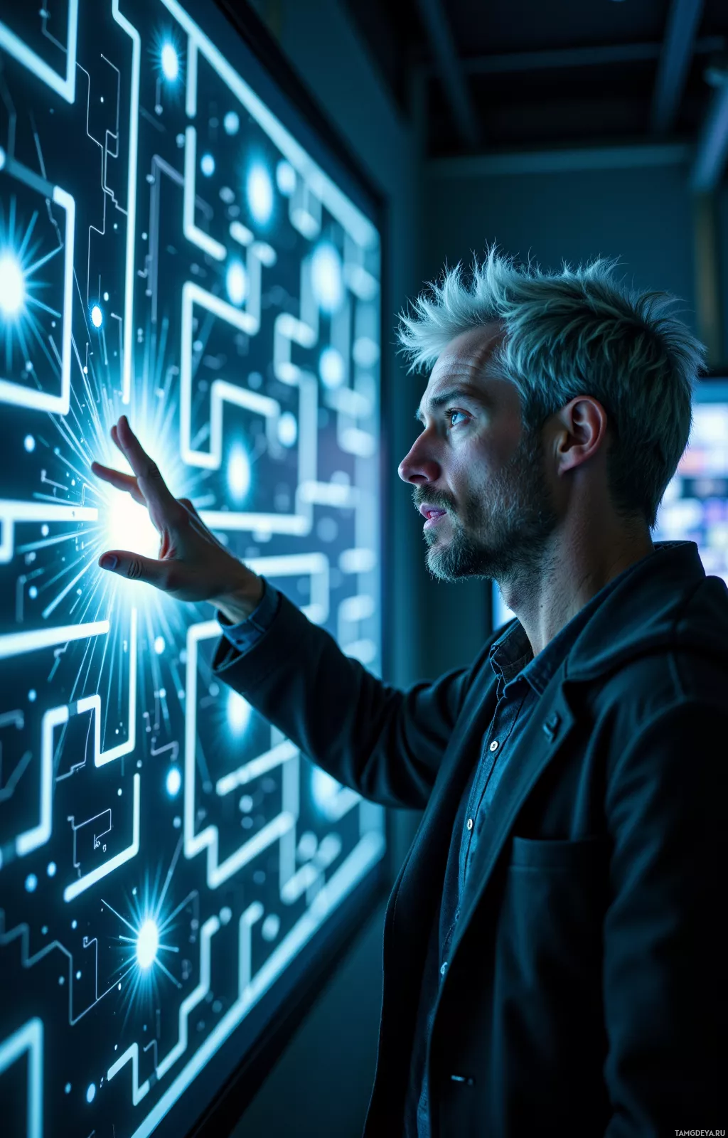 A person interacts with a glowing, futuristic interface.