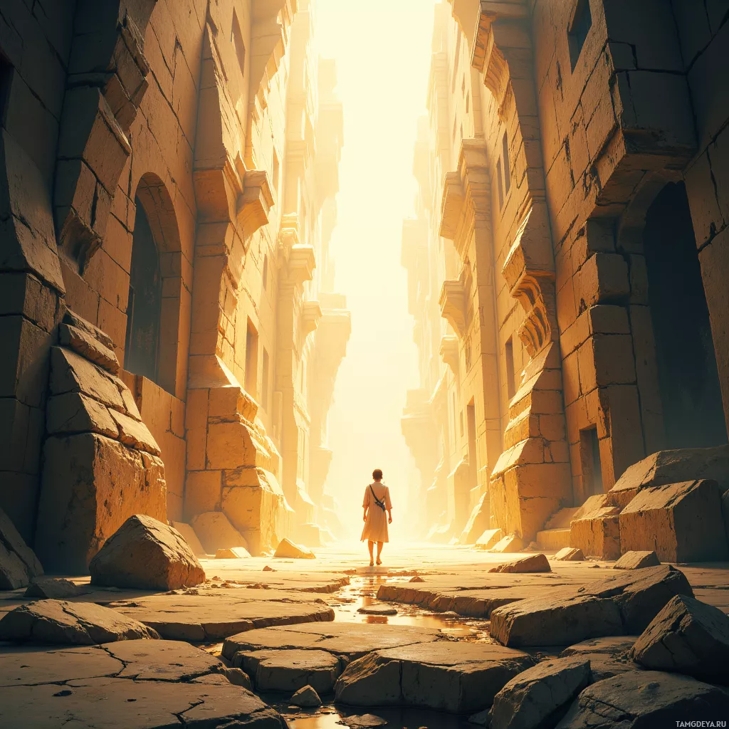 A lone figure stands at the entrance of a sunlit ancient stone corridor.