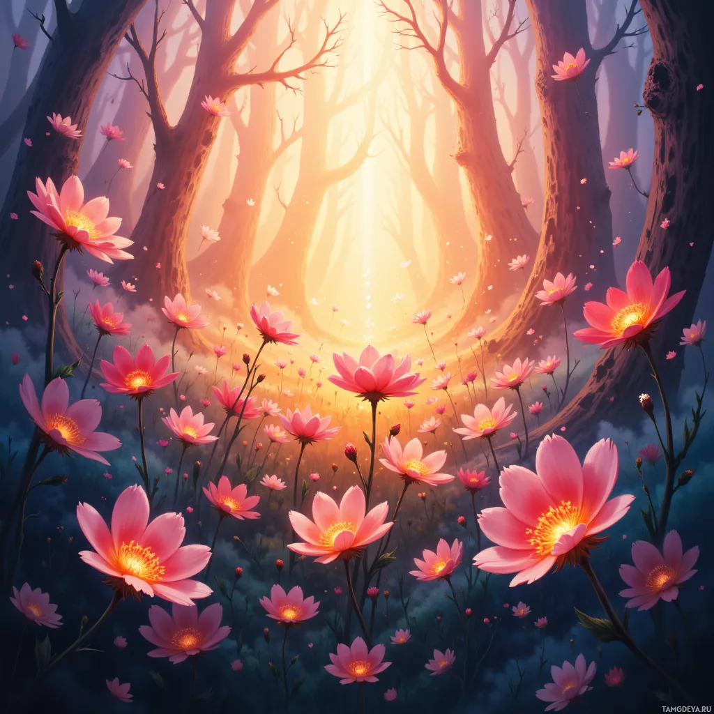 A vibrant forest scene with pink flowers and sunlight filtering through the trees.
