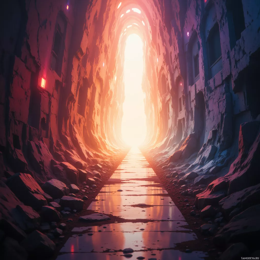 A narrow, dilapidated tunnel with a bright light at the end.