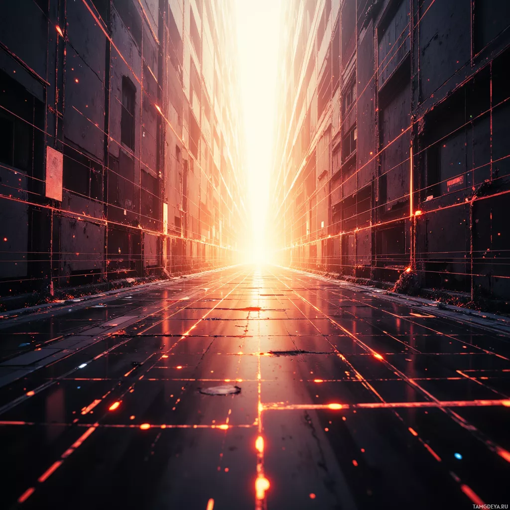 A futuristic corridor with glowing lines and a bright light at the end.