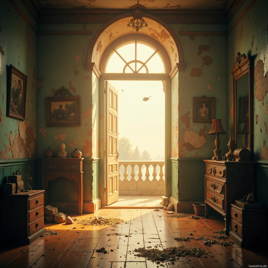 An old, sunlit room with peeling walls, a broken door, and scattered debris on the floor.