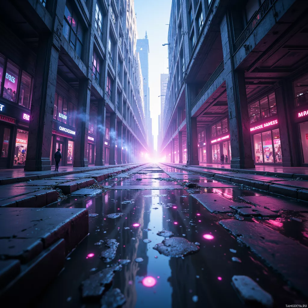 A wet urban street with neon lights and tall buildings in the background.