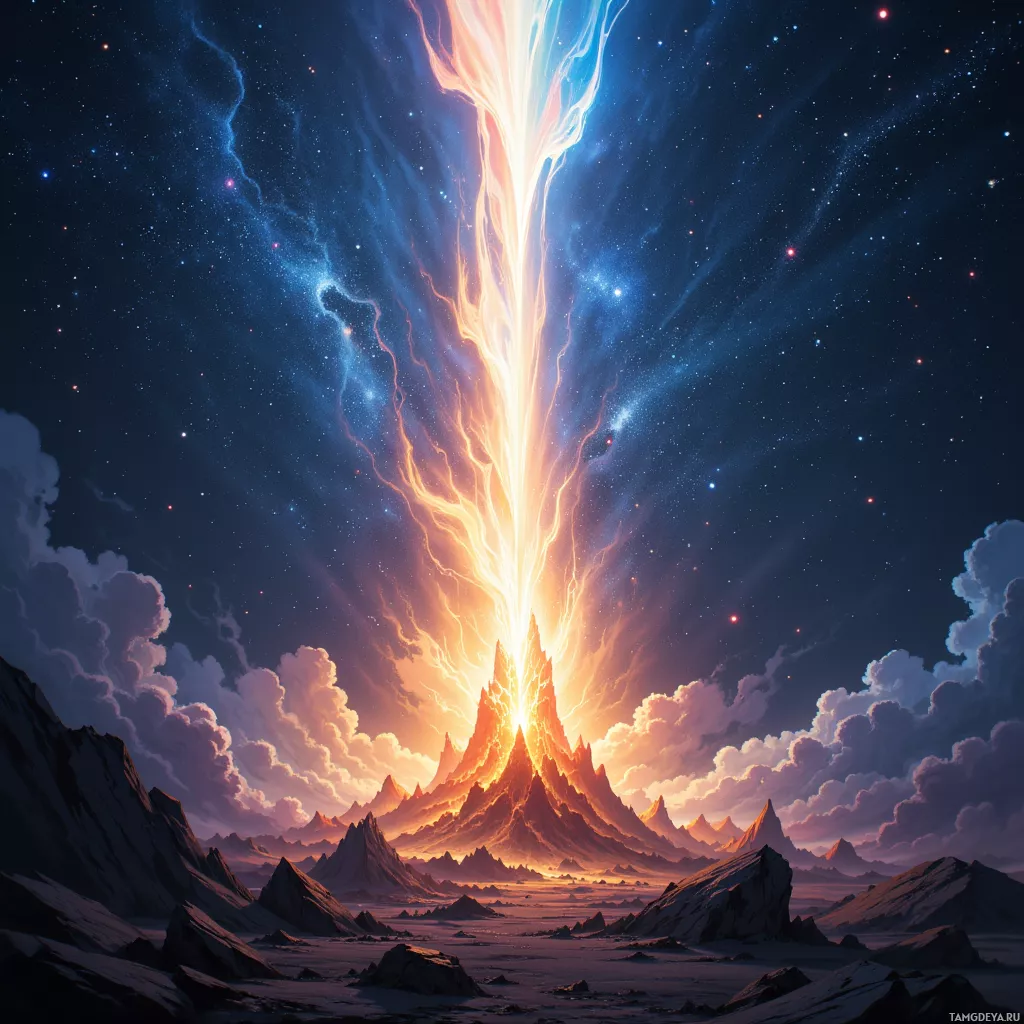 A fantastical landscape featuring a glowing, jagged mountain peak with a cosmic sky and starry background.