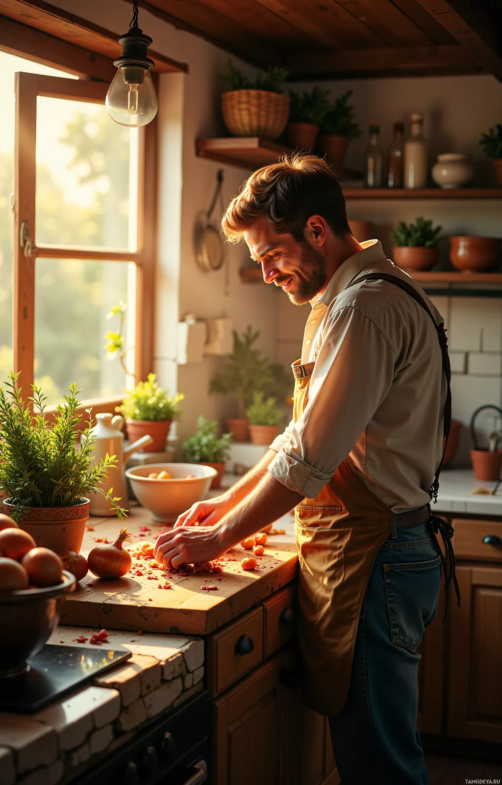A man in an apron is chopping vegetables in a rustic kitchen.