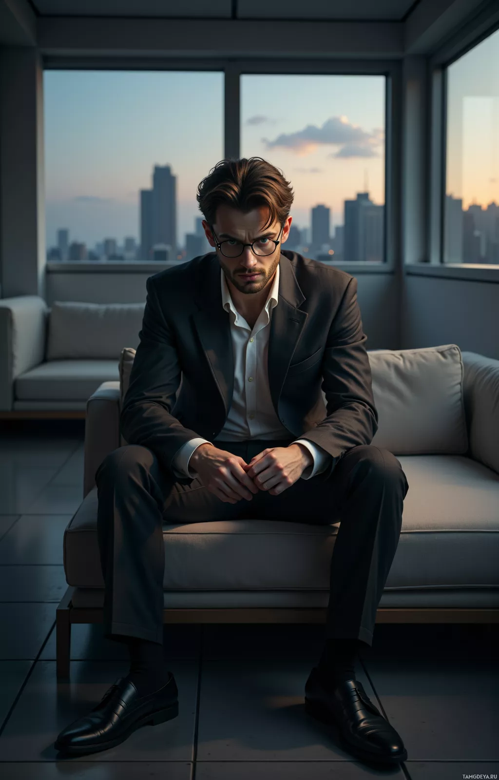 A man in a suit sits on a couch in a modern room with a cityscape view.