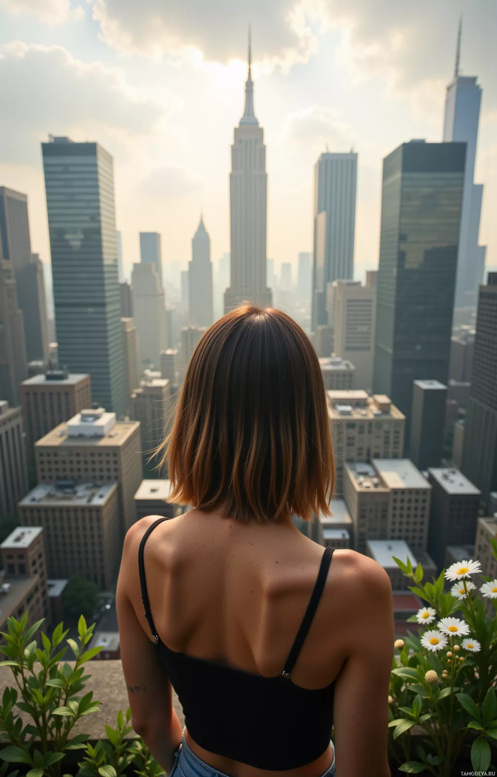 A person stands on a rooftop overlooking a city skyline with tall buildings and a clear sky.