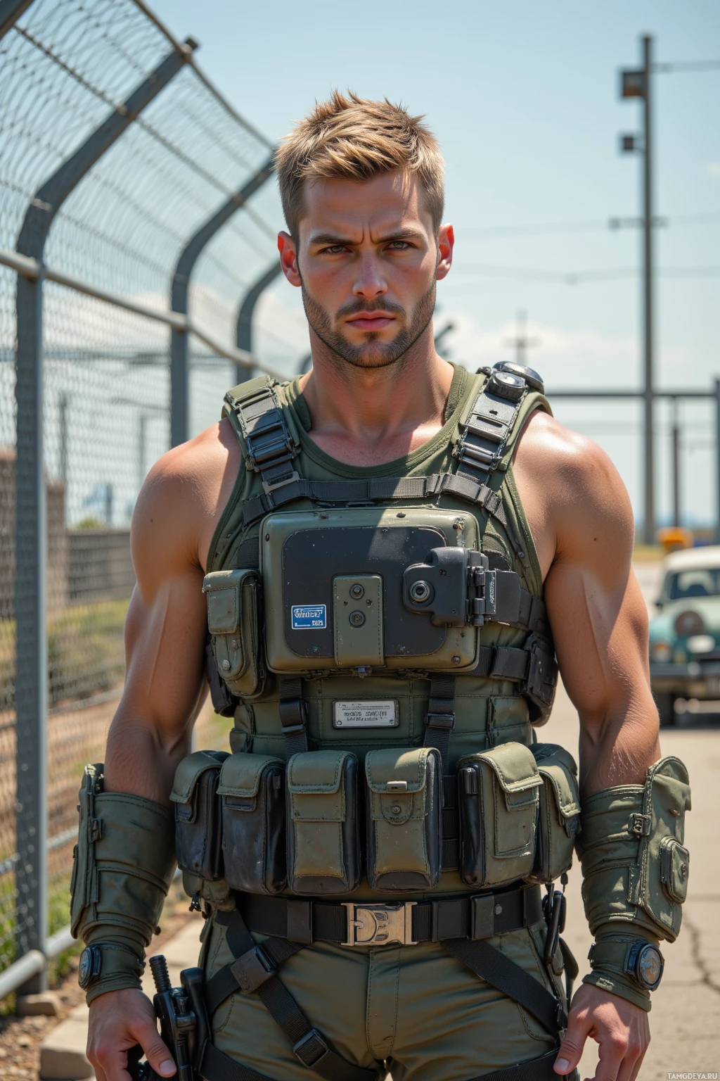 A man in tactical gear stands outdoors near a fence.