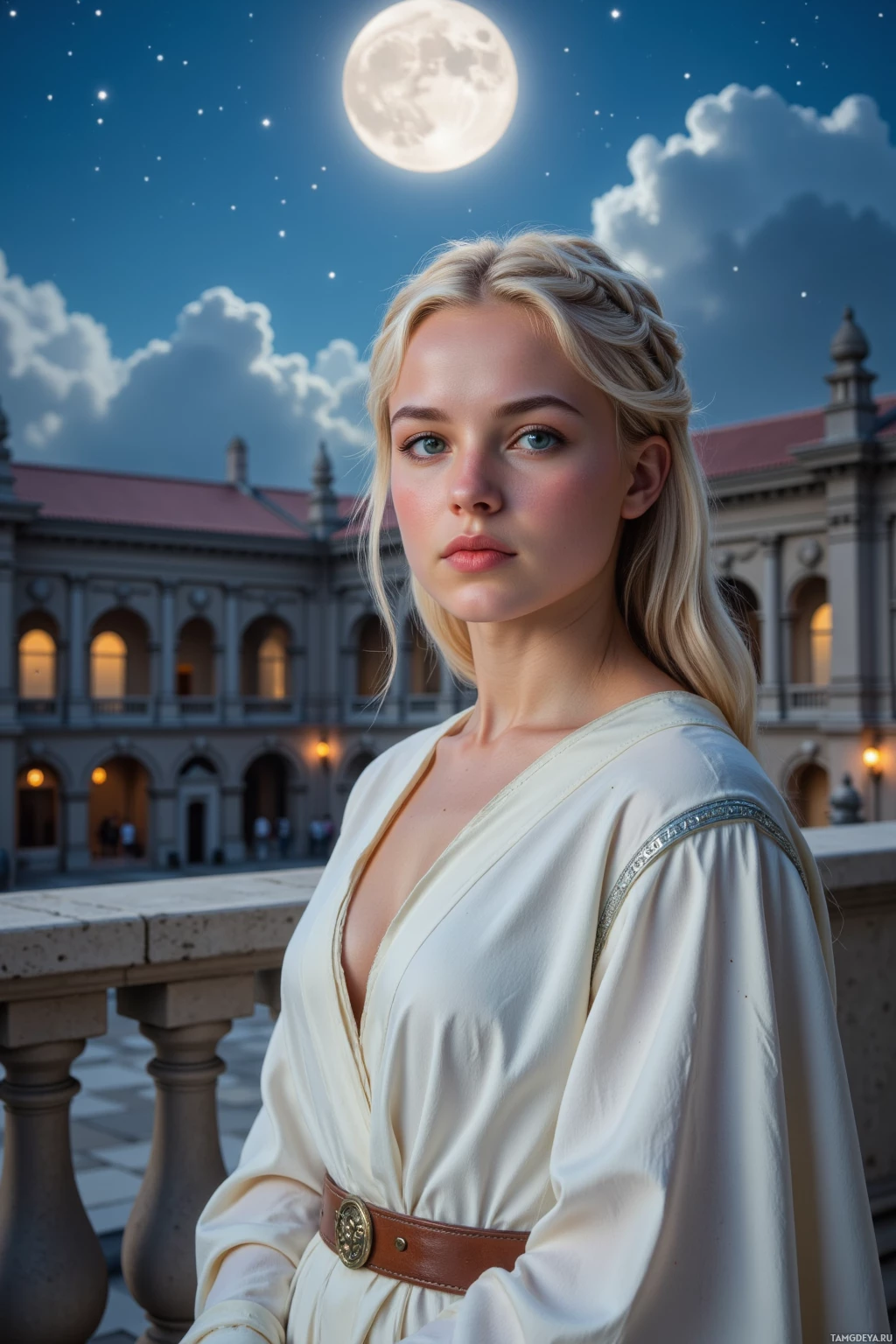 A woman in a white dress stands on a balcony under a night sky with a full moon.