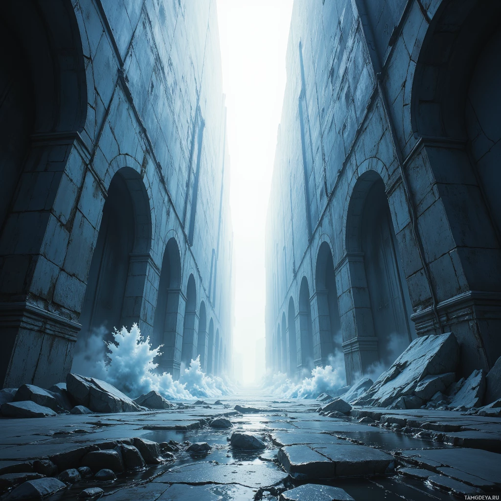 A desolate, icy alleyway with arches and broken ice on the ground.