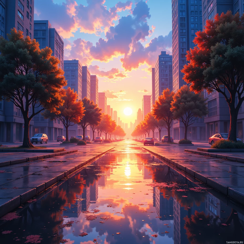 A city street at sunset with tall buildings, trees, and a reflective puddle on the road.
