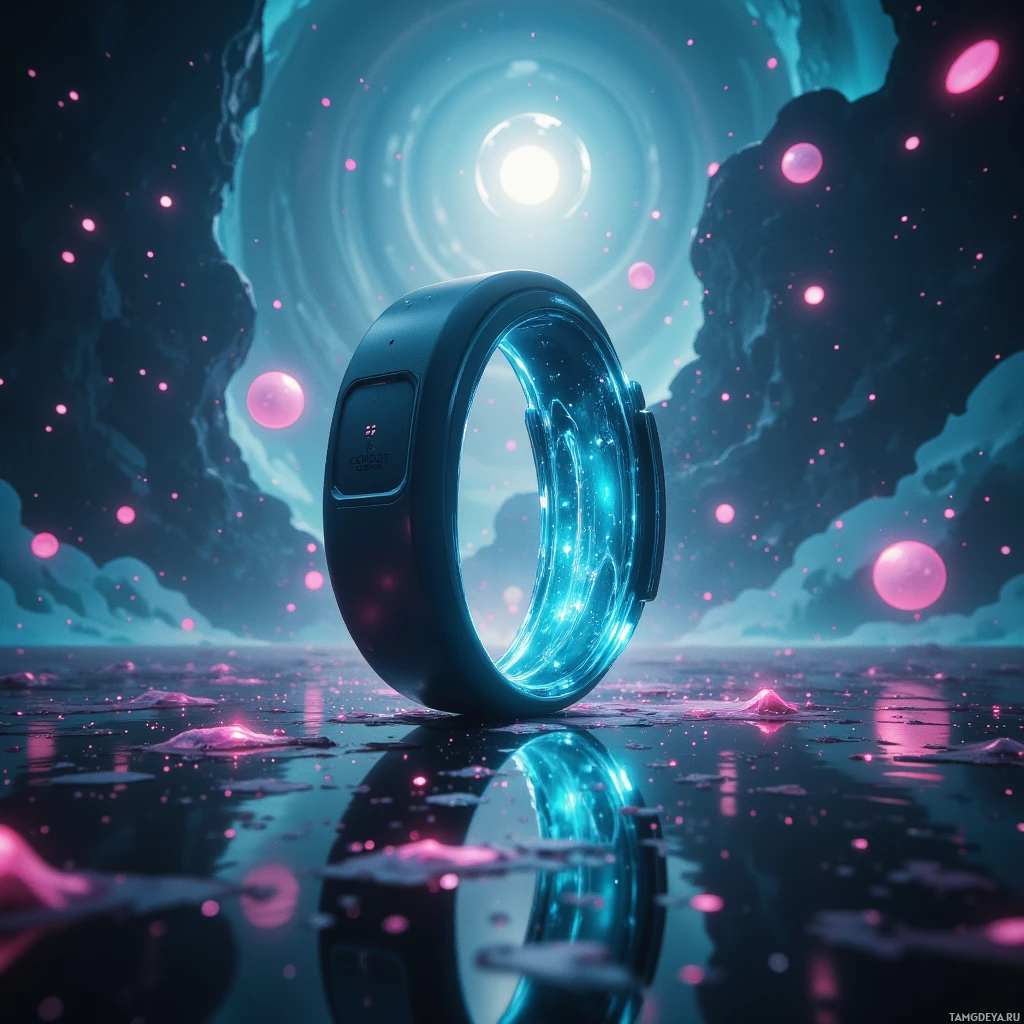 A futuristic, glowing ring with a digital display sits on a reflective surface against a cosmic background.