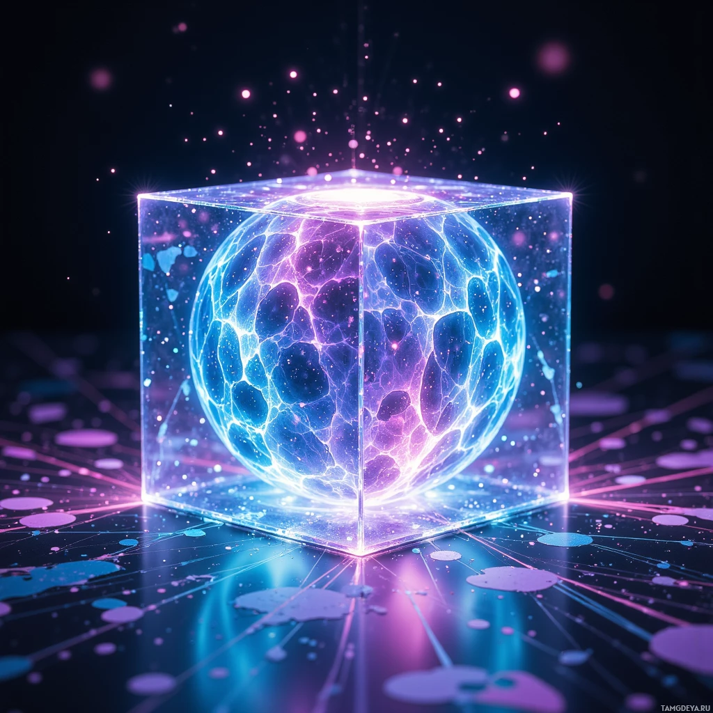 A glowing, transparent cube containing a spherical, intricate structure with blue and purple hues, set against a dark, starry background.