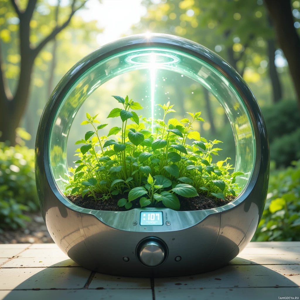 A spherical terrarium with lush green plants inside, placed on a tiled surface with sunlight filtering through trees in the background.