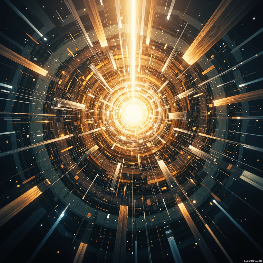 A futuristic, glowing tunnel with radiating light beams and geometric patterns.