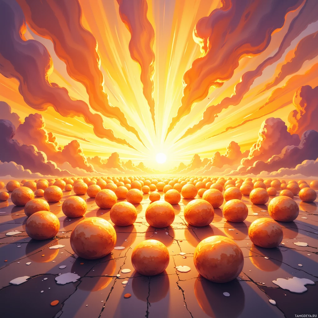 A surreal landscape featuring glowing orange spheres on a cracked surface under a radiant sunset sky.