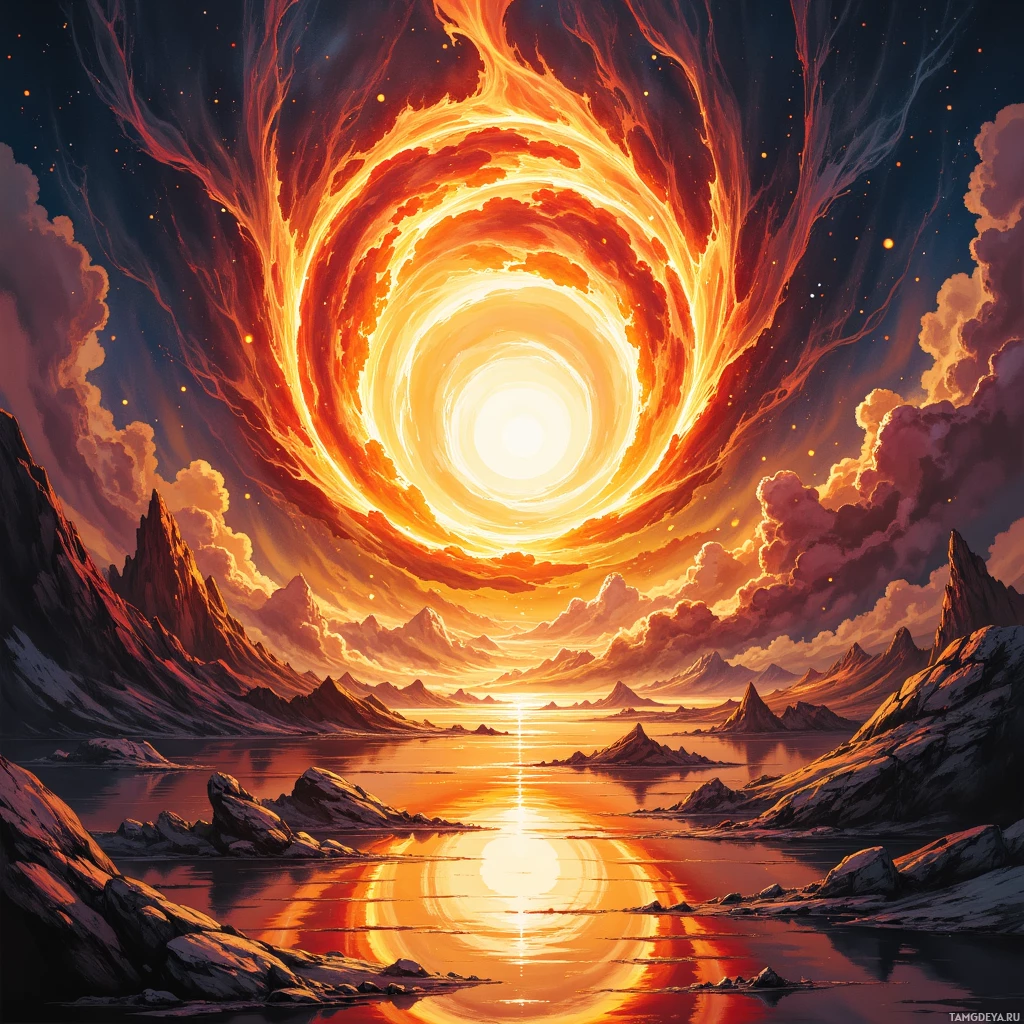 A fiery, swirling vortex dominates the sky above a rugged, mountainous landscape reflected in a calm body of water.