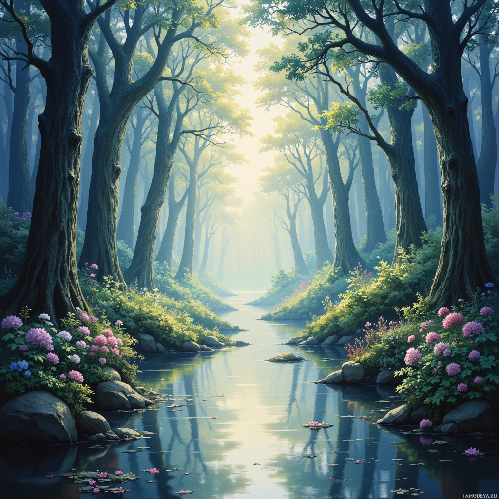 A serene forest scene with tall trees, a calm river, and blooming flowers.