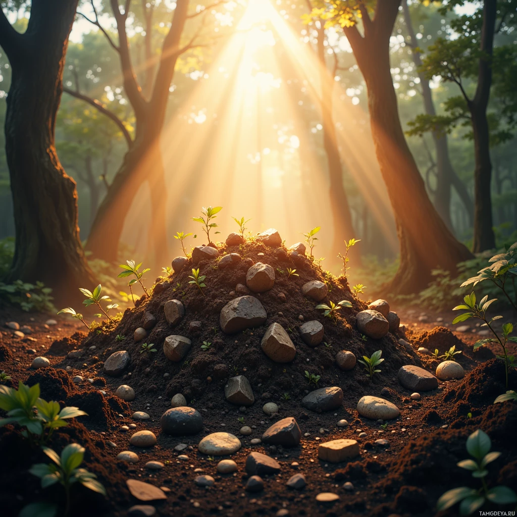 A serene forest scene with sunlight streaming through the trees, illuminating a small mound of soil and rocks.