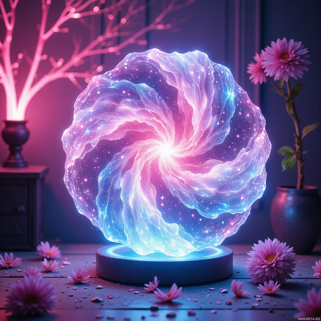 A glowing, ethereal orb with a galaxy-like pattern sits on a table surrounded by pink flowers and a vase.
