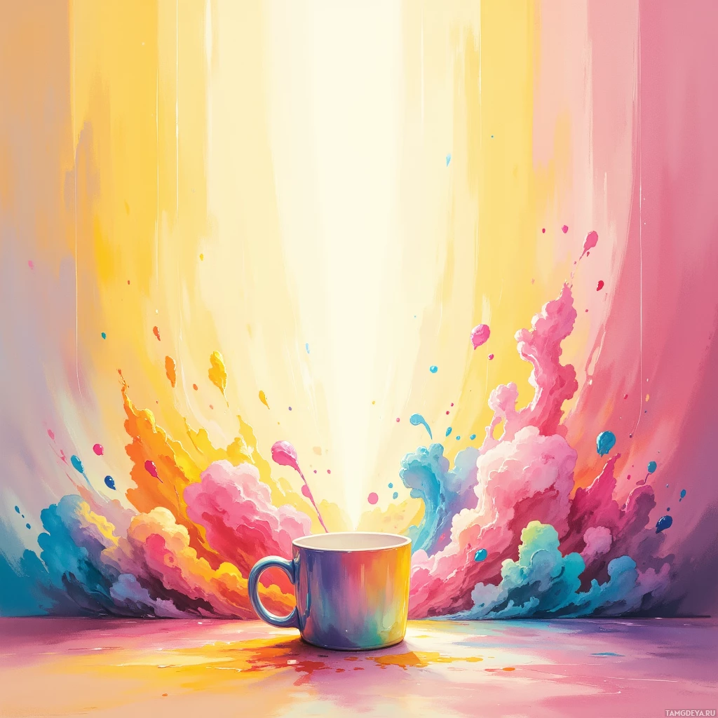 A vibrant, abstract painting featuring a colorful mug with splashes of paint against a gradient background.