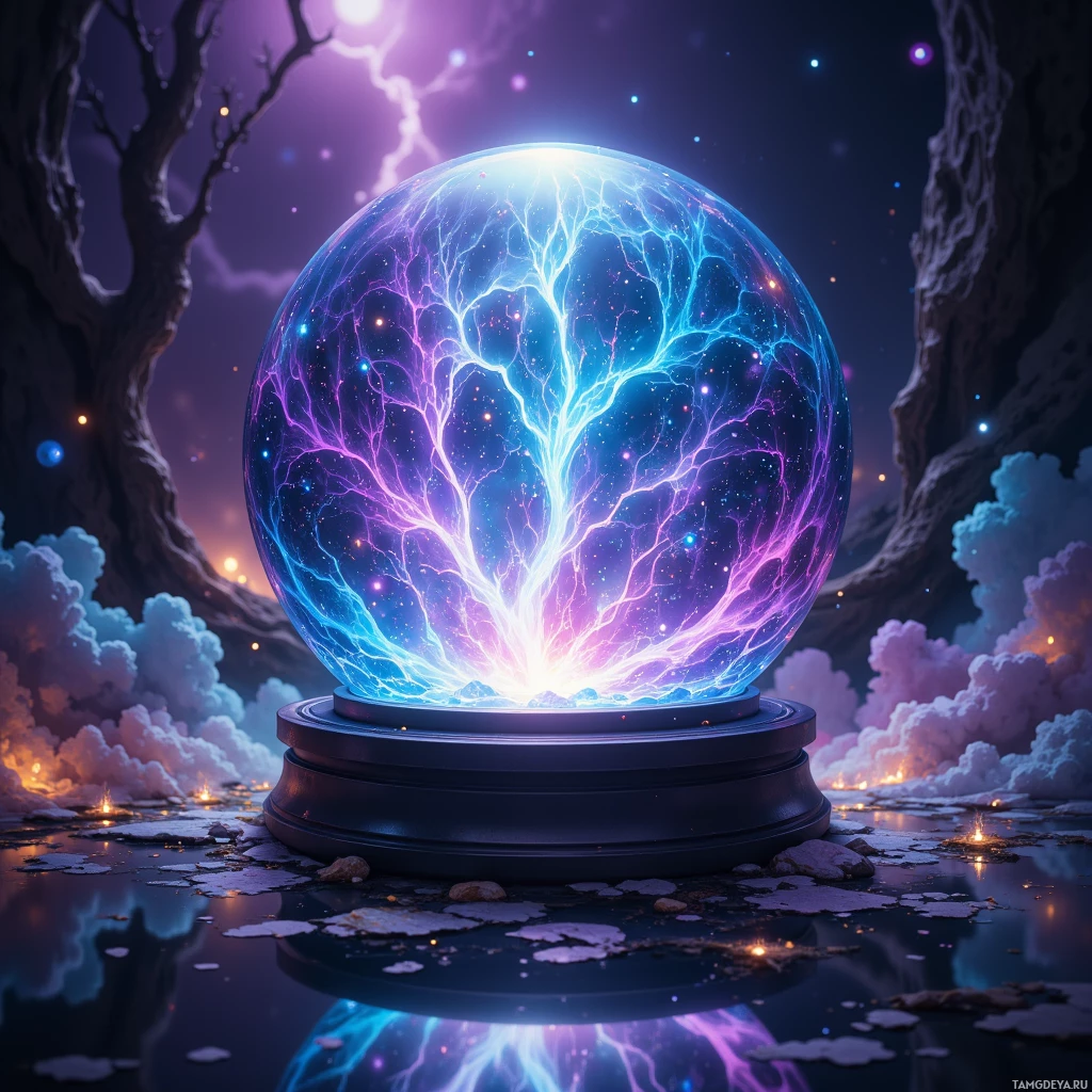 A glowing, electric sphere sits atop a pedestal, surrounded by a mystical, starry night sky.