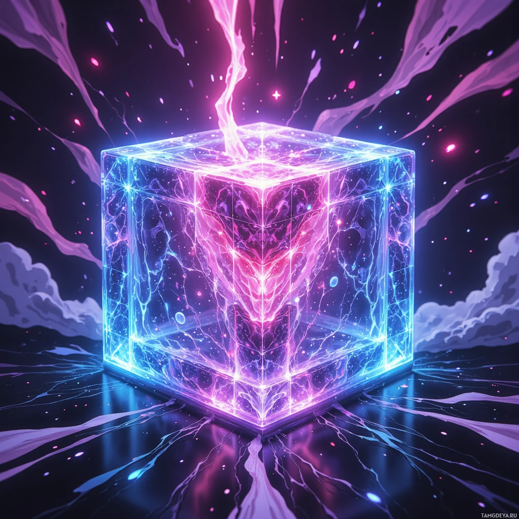 A glowing, neon-lit cube with intricate patterns and vibrant colors against a dark background.