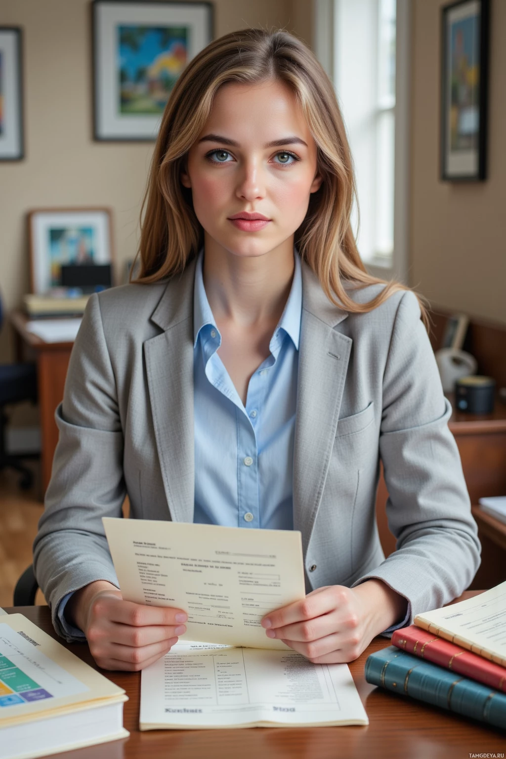 A woman in a professional setting holds a document while seated at a desk.