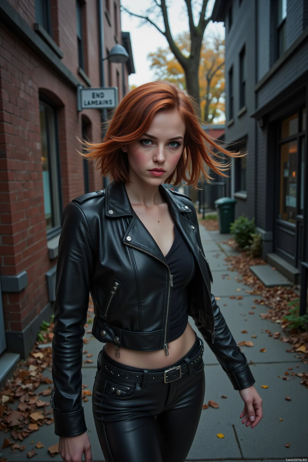 A woman with red hair wearing a black leather jacket and pants stands on a sidewalk with autumn leaves scattered around.