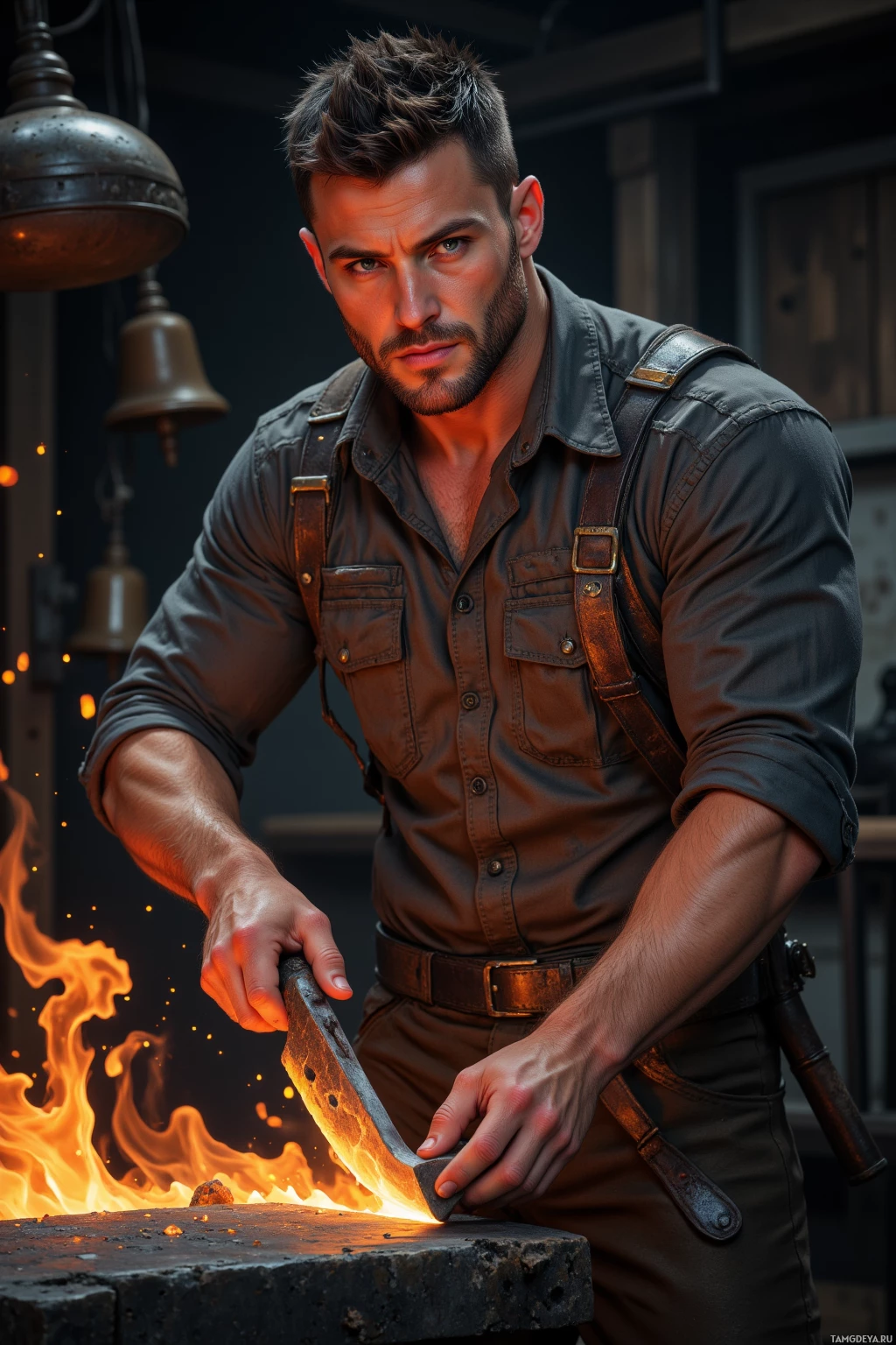 A man in a leather shirt and suspenders is forging a piece of metal over a glowing forge.