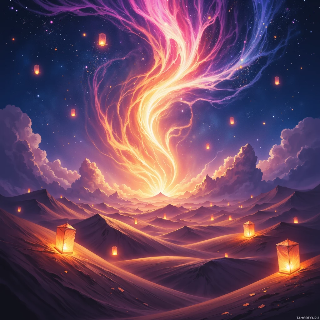 A fantastical landscape featuring glowing lanterns floating in the sky and a vibrant, ethereal light source illuminating the scene.