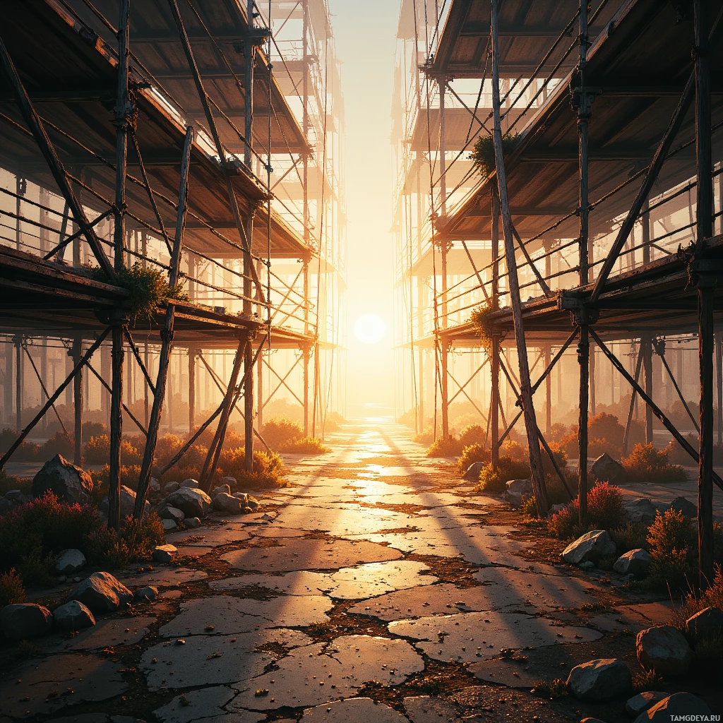 A sunlit scene of a dilapidated building with scaffolding and overgrown vegetation.