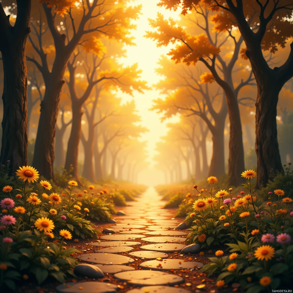 A serene forest path lined with vibrant flowers and tall trees bathed in golden sunlight.
