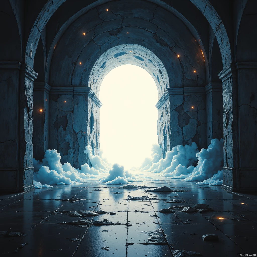 A dilapidated archway with glowing lights and clouds emerging from the opening.