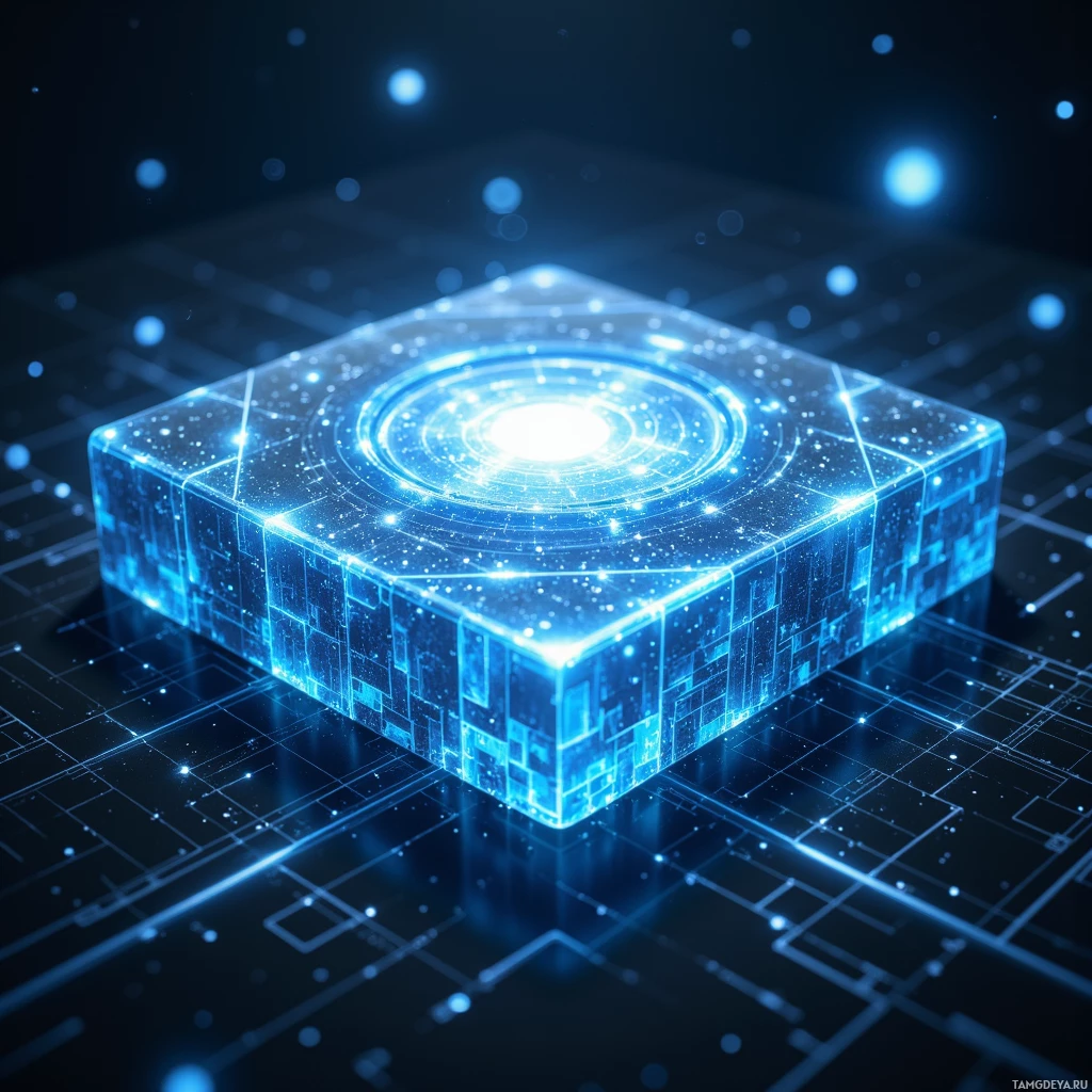 A glowing blue cube with intricate circuitry and a bright central light sits on a dark, grid-like surface.