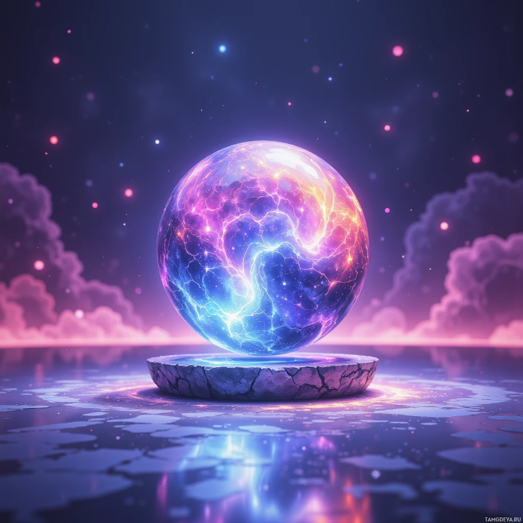 A glowing, electric sphere rests on a cracked platform against a starry, ethereal sky.